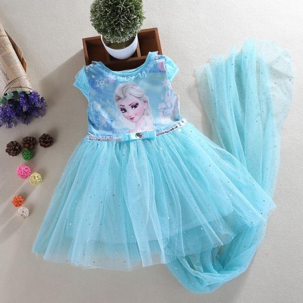 Frozen series princess short sleeve girl's 100% cotton lining sequins  cosplay dress with long cloak