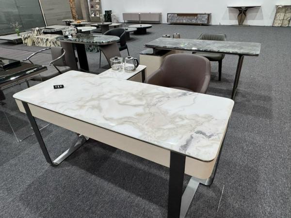 Luxury Long Marble Dining Table in Oyster White with Pink and Gray Veins for Elegant Indoor Decoration