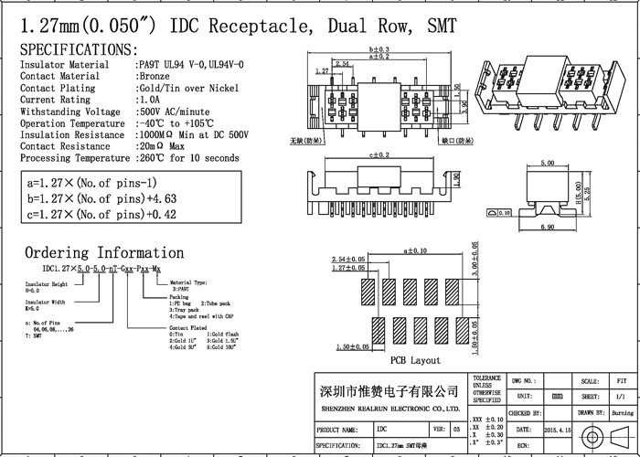 1,27 Mm напряжения тока Pin 500AC заголовка 4 соединителя Idc красного женского выдерживая