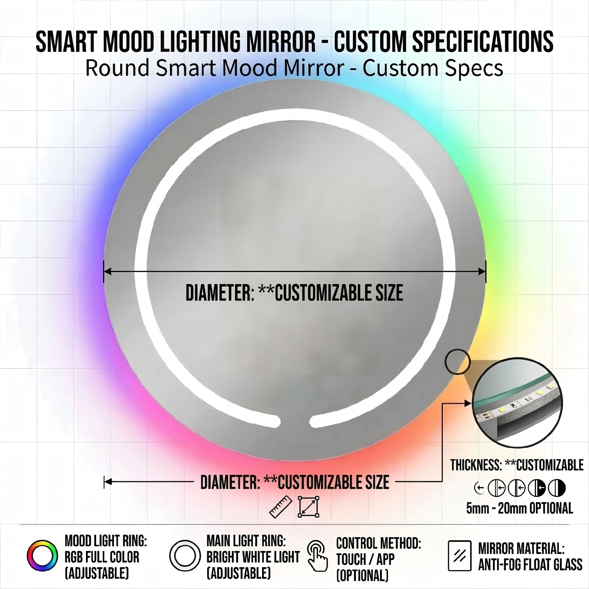 Kingstin Round RGB LED Bathroom Mirror, Frameless Smart Anti-Fog Vanity Wall Mirror, Dimmable Backlit Makeup Mirror