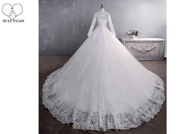 Pure White High Collar Beading Long Tail Bridal Gown / Long Sleeve Bridal Dresses