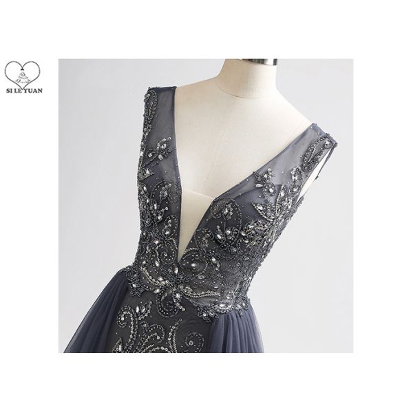 Long Tail A Line Ball Gown Navy Blue V Neck No Arm Backless Heavy Beading Tulle
