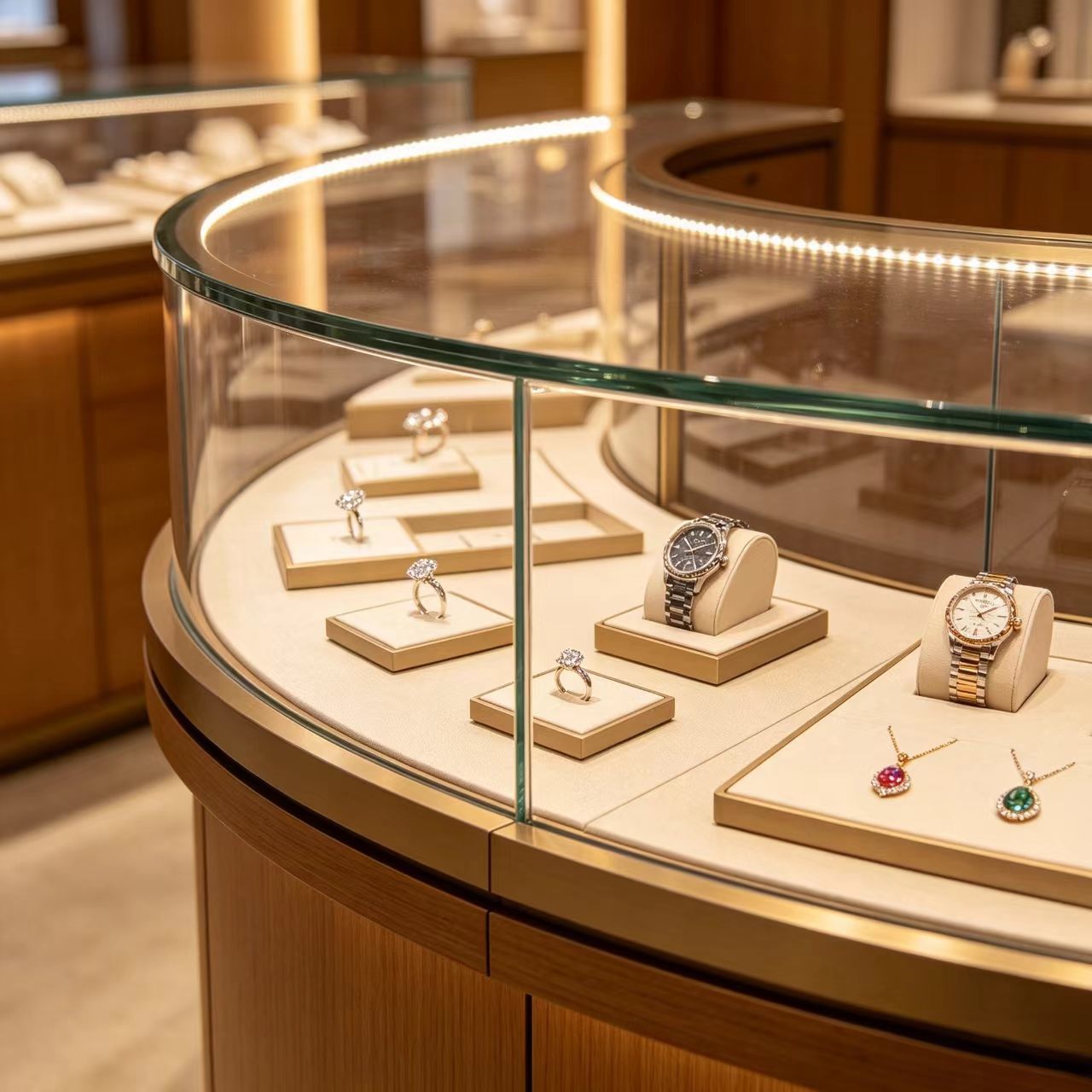 Lockable Glass Doors Island Display Cabinet with Built-in LED Lighting in Solid Wood for Secure Commercial Display