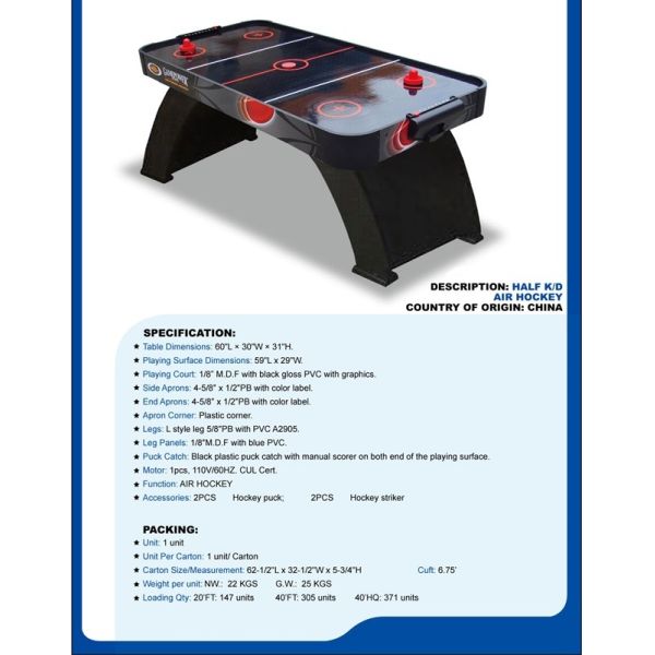 Family 5FT Air Hockey Game Table High Velocity Motor With 2 Strikers / Pucks