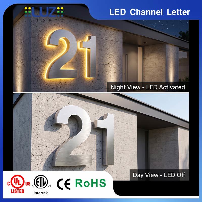 Custom Stainless Steel LED Halo Lit Channel Letters - Backlit Metal Signs for Exterior Wall