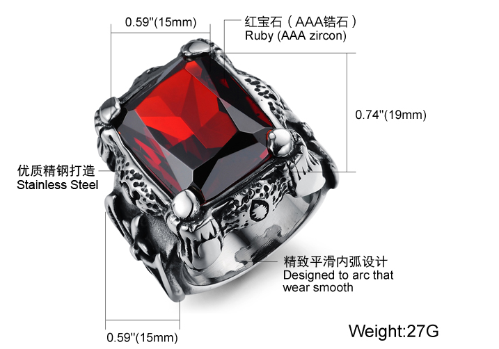 Domineering retro ruby ring influx of male jewelry inlaid titanium steel rings