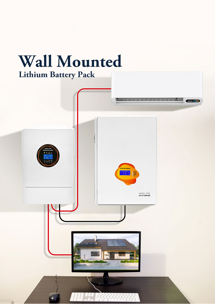 Wall-Mounted 5-10kW 51.2V LiFePO4 Lithium Battery Pack CAN/RS232/RS485/WiFi Communication AC Output IP21 Off-Grid Hybrid System