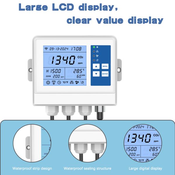 NDIR CO2 Sensor Greenhouse Controller, Smart CO2 Regulator Monitor for Plant Growing Systems
