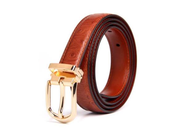 Red 125cm Womens Ostrich Leather Belt With Gold Buckle