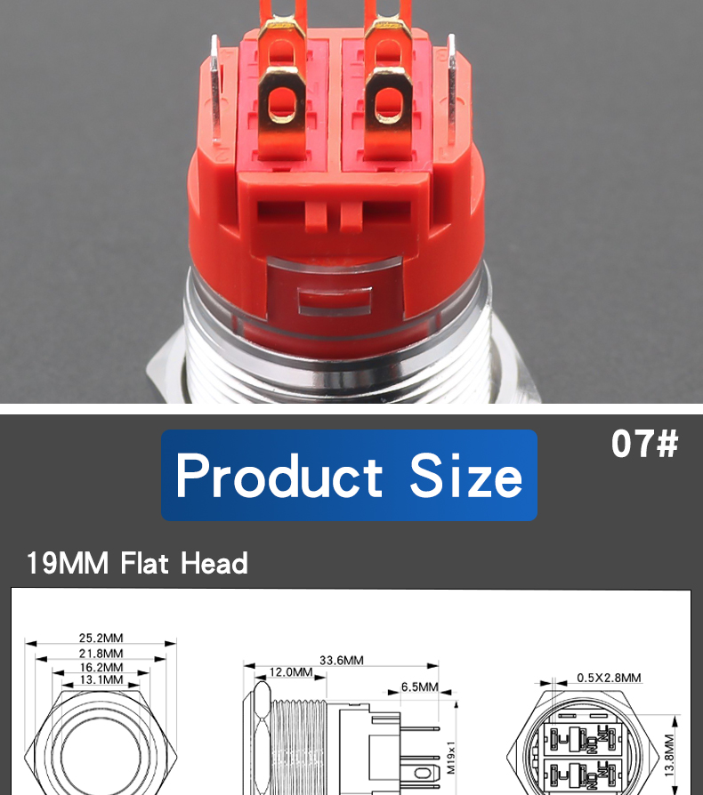 19MM Metal Push Button Switch With LED 2NO2NC Momentary Latching IP67 Stainless Steel 8 Pins Flat Head
