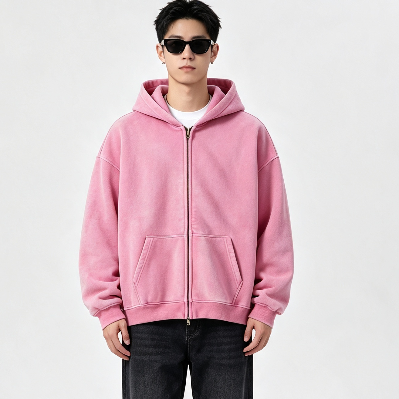 Men’s Vintage Washed Zip-Up Hoodie Oversized Fleece Lined Winter Casual Sweatshirt