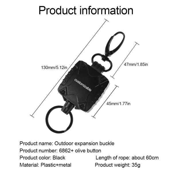 Deyi Badge Reel Heavy Duty Metal Retractable Keychain Outdoor Black 6862 (Объемный ключевой цепь из металла, выдвигаемый наружу)