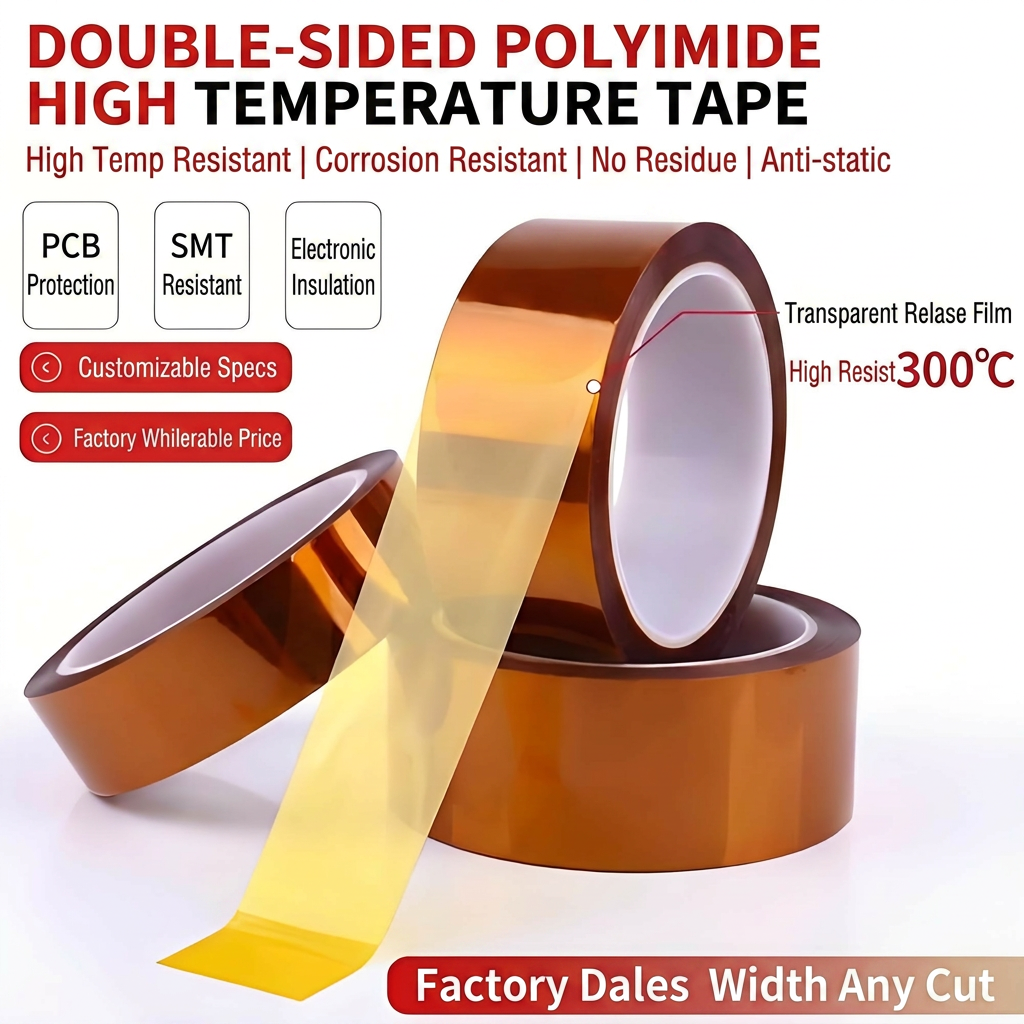 Double Sided Polyimide Tape 300℃ High Temperature Resistant with Double-sided Uniform Adhesive Coating and 260℃ Long-term Heat Resistance for FPC PCB Electronic Components
