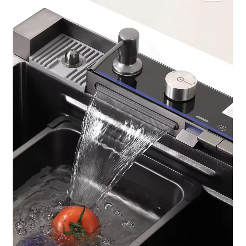 Smart Digital Display Grey Stainless Steel Pull Out Waterfall Faucet for Multifunctional Sink