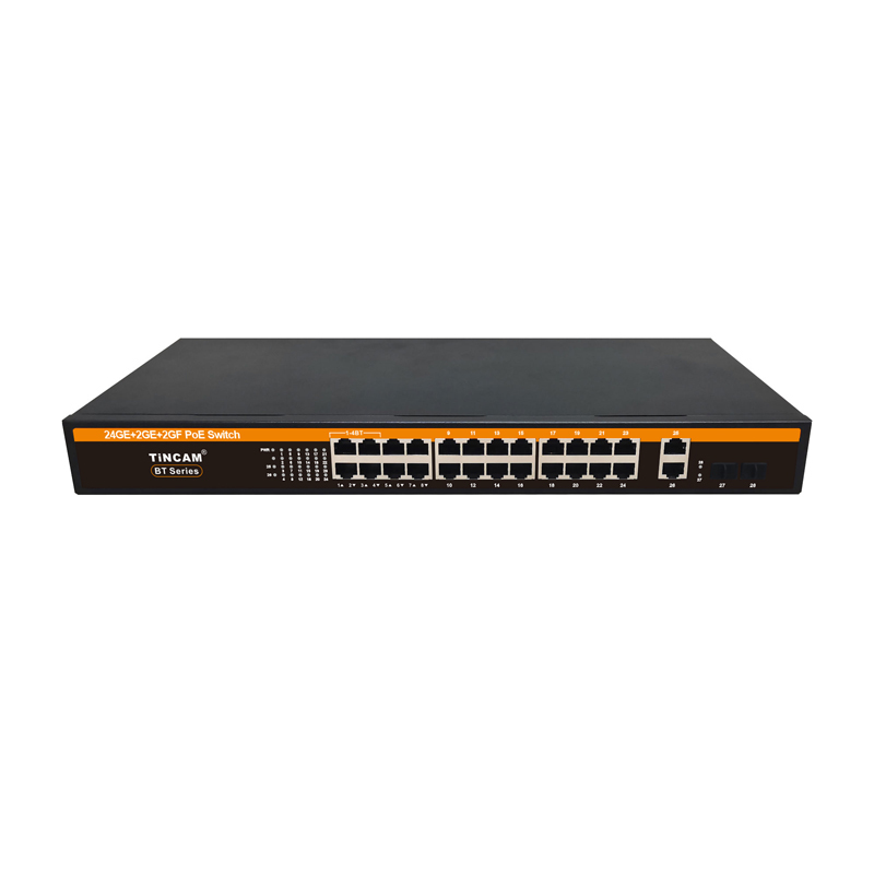 28 Port Gigabit AI Smart PoE Switch 24 10/100/1000Mbps PoE+ Ports 4 BT 60W PoE++ Ports 2 RJ45 Uplink 2 SFP IEEE 802.3af at bt Unmanaged 400W TBC-PSDL5124U-4PF