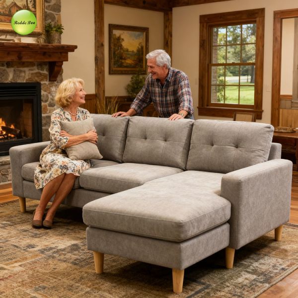 Breathable Tufted Corduroy Fabric L Shaped Sectional Sofa Light Gray