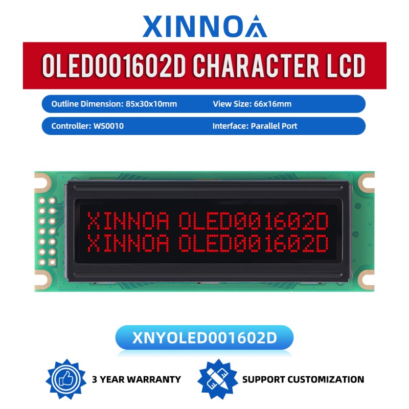 OLED001602D Black Film, 16x2 Character OLED LCD Display, WS0010 Controller, Parallel Port, 85x30x10mm Outline Dimension,
Working Temperature -40+80 Display