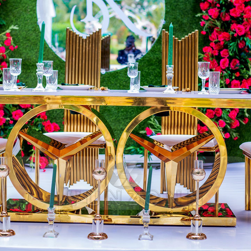 Modern Style Stainless Steel Frame Wedding Dining Table New Outdoor Hotel Furniture With Glass and MDF for Parties and Events