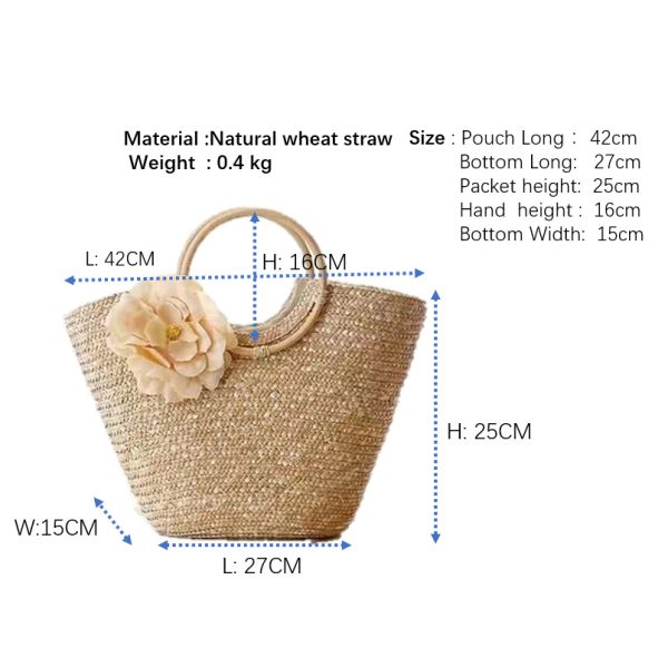 Natural Straw Crochet Hand Bag Brown , Crochet Bag With Wooden Handles OEM