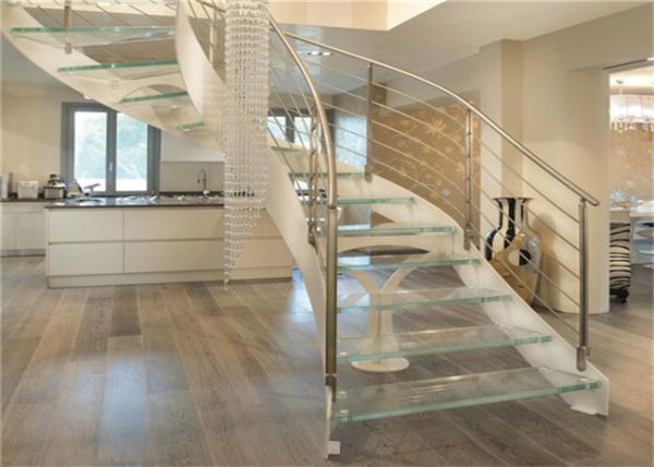 Interior Wrought Iron Curved Wooden Staircase , Floating Wood Stairs Customize Size