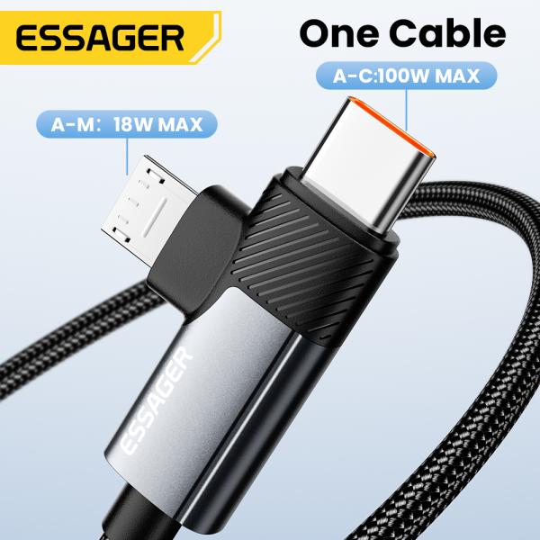 ESSAGER ES-X59 2 In1 Usb To Micro USB C Fast Charging Cables 7A Pd 100W