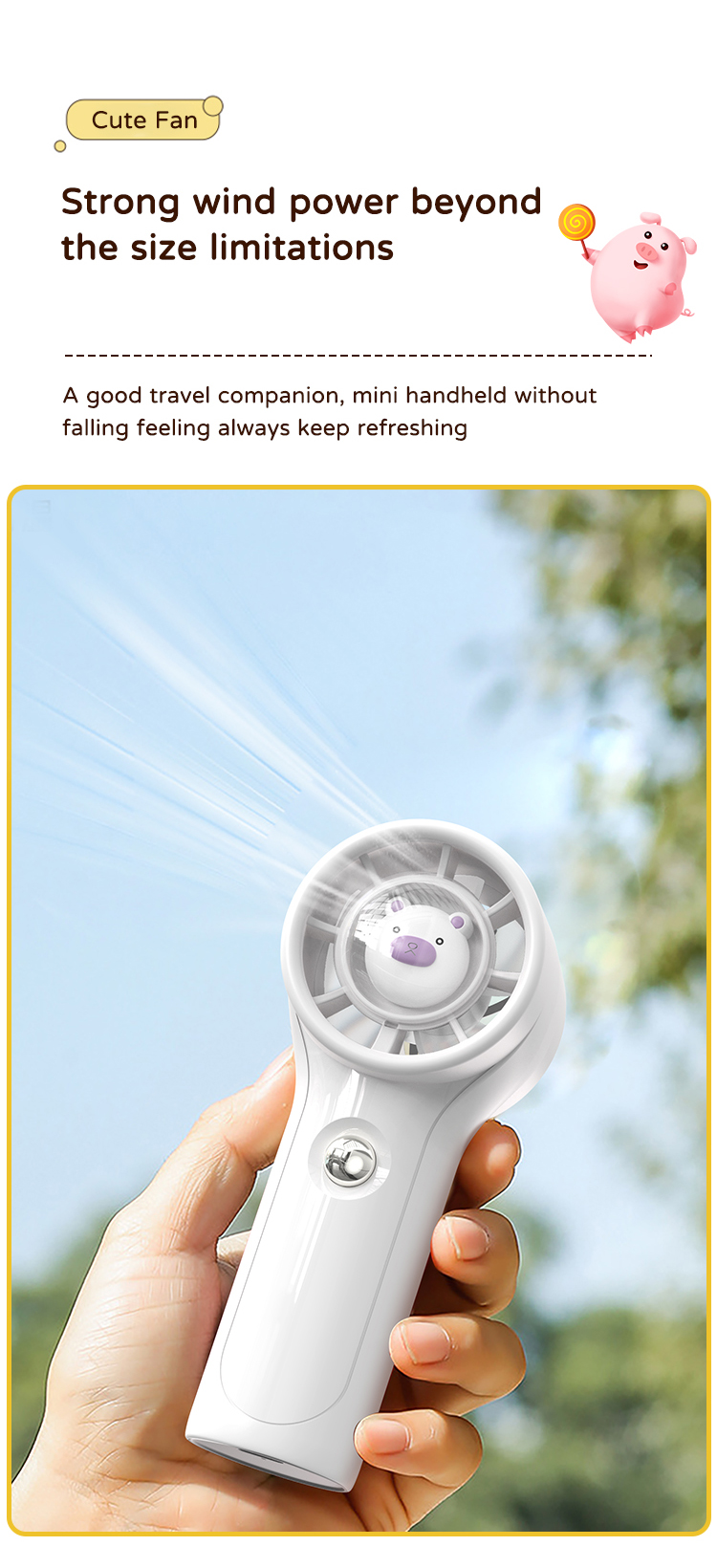 Rechargeable Kids-Safe Design Quiet Cute Cartoon Pig/Cat/Chicken Kids Handheld Fan with 1200mAh Battery
