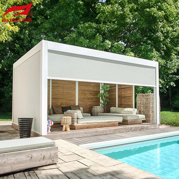 Jardim de alumínio controlado remotamente Pergola à prova de água e vento Gazebo ao ar livre