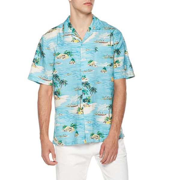 Printed Linen Mens Short Sleeve Tropical Shirts OEM Business Casual Hawaiian Shirt