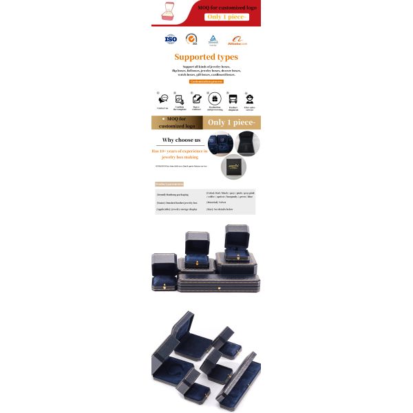 Logotipo personalizado paquete de joyas hecha a mano caja de papel cuadrada azul para lujo caja de anillo de plástico