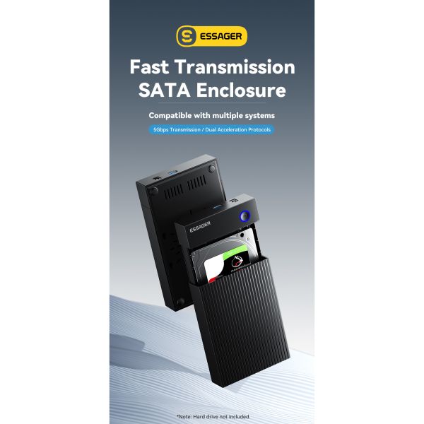 ESSAGER ES-YP03 USB 3.0 SATA Hard Drive Enclosure with 5Gbps Speed Dual-protocol Boost and Widely Compatible for 2.5 3.5 Inch HDD SSD
