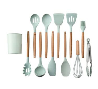 18-Piece Green Silicone Cookware Set with Storage Bucket Non-stick Spatula Included
