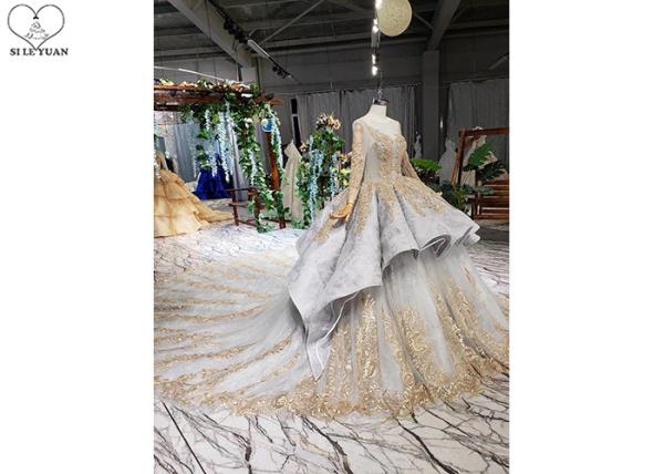 Gold Tailor Made Prom Dresses / Long Sleeve Ball Gown Lace Beading Big Tail