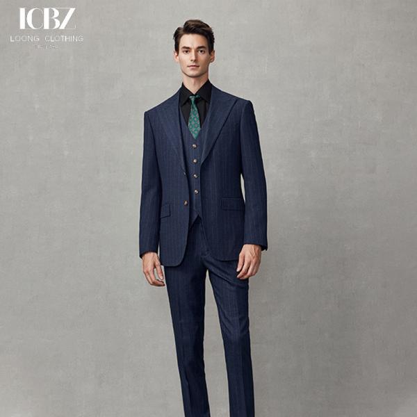 Men's Blue Striped Business Casual Suit American Formal Groom Wedding Dress Blazer Suit