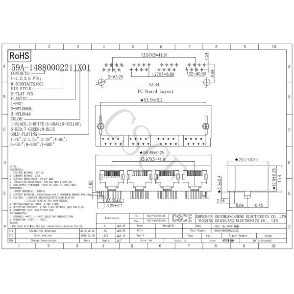 5921 Series Flat Pin RJ45 Multi Port 4 Ports Tab Up 8 Pin 8 Contacts With Registration Mast