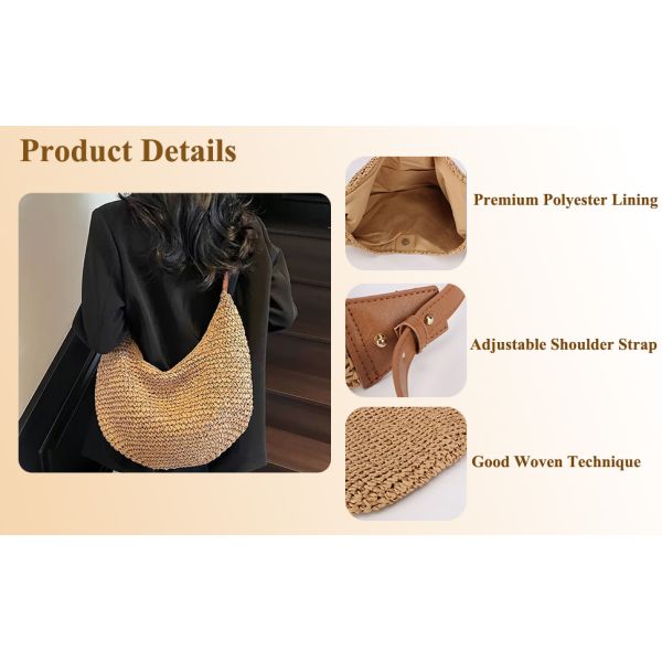 Find Similar Icon Summer Beach Holiday Dress Luxury Lady Casual Underarm Handbag Slouch Crochet Straw Raffia Tote Shopping Travel Bucket Bag