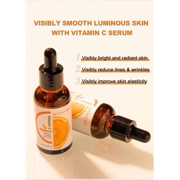 Serum de soins du visage beauté vente à chaud Vitamine C pour le visage Serum d'éclaircissement avec vitamine E Serum d'acide hyaluronique pour le visage