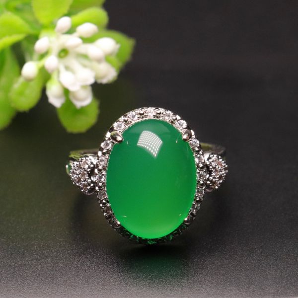 Genuine Green Chalcedony Ring Agate Ring Jewelry Factory Chinese Luxury Ring Men Wear Unique Jewelry