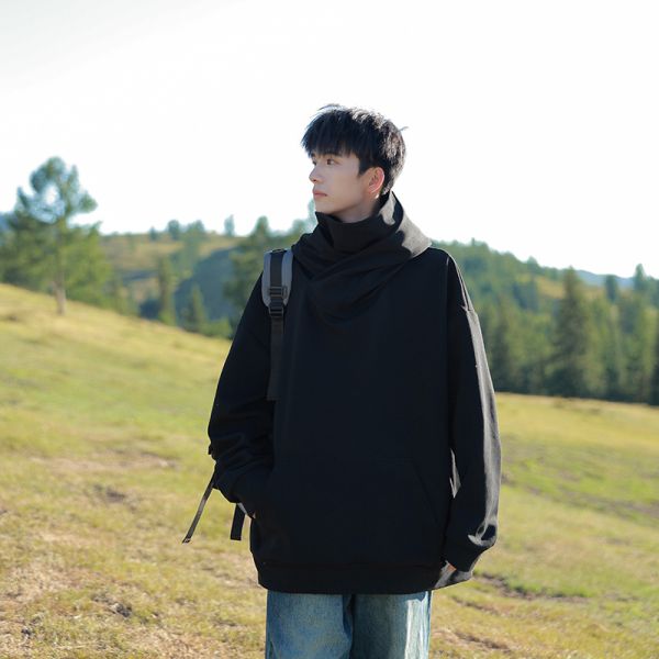 Vintage Turtleneck Windproof Face Cover Hoodie, Unique Introvert Street Casual Sweatshirt
