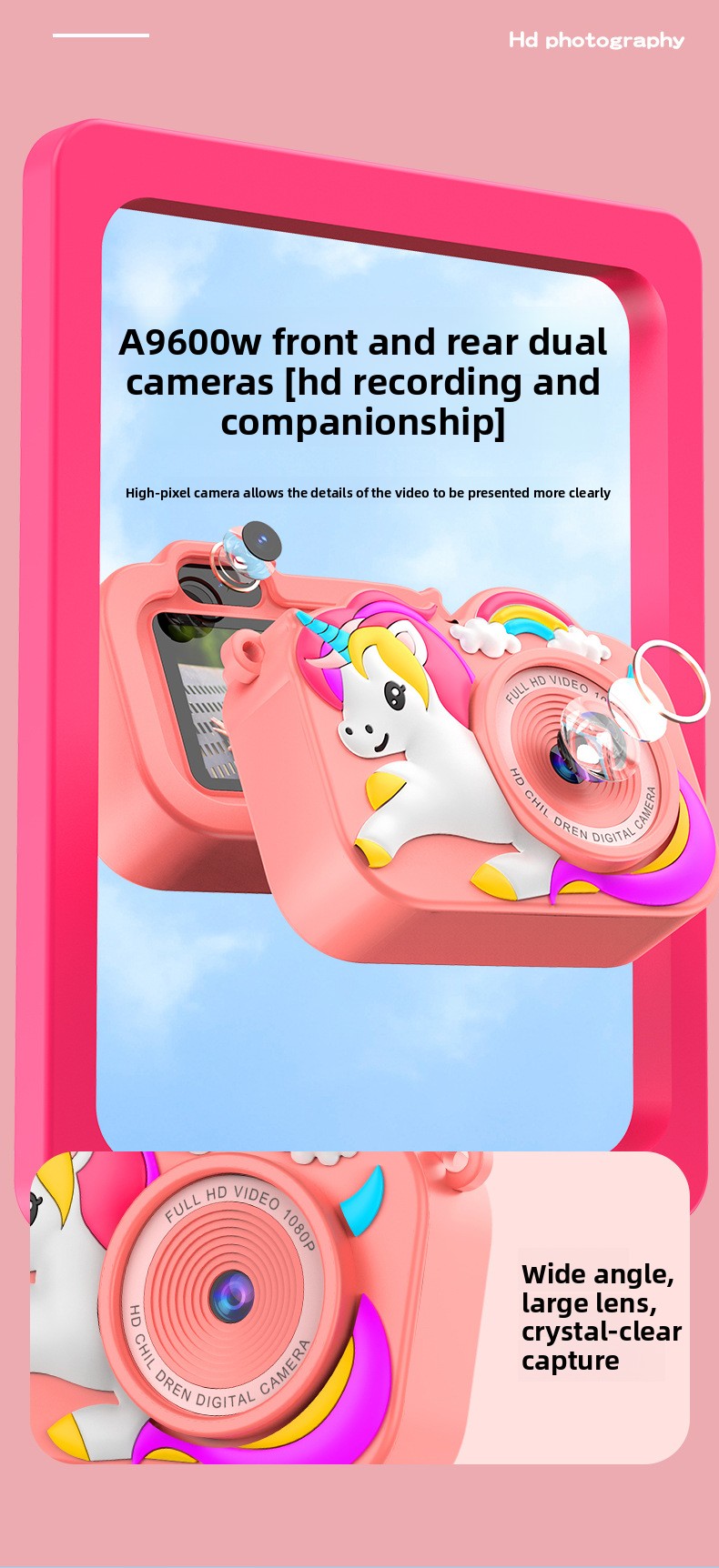 Feitianma 2.0 Inch Screen 1080P HD Dual-lens Children's Camera with Unicorn Graphic Design Children's Toy Gift