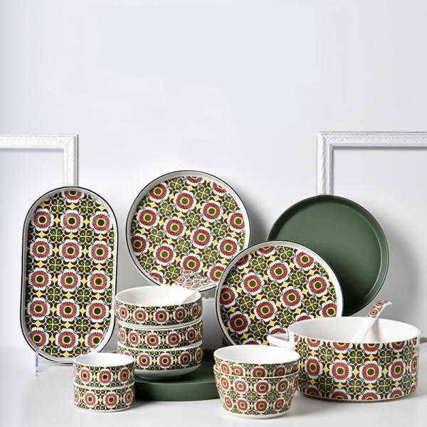 Prato de mesa de cozinha pratos de cerâmica conjunto estilo boêmio Impressão Prato de jantar Prato de sobremesa