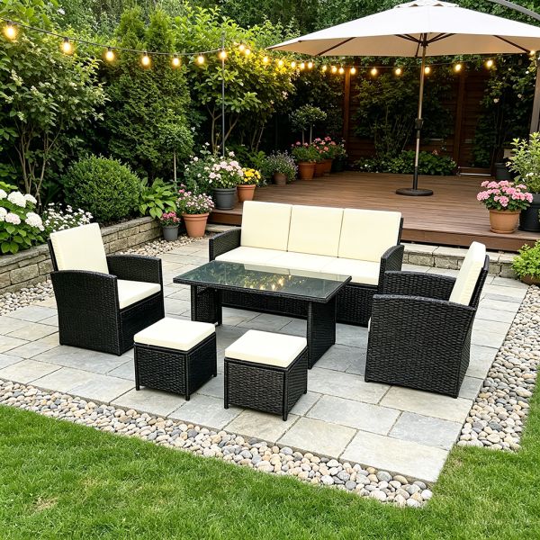 Outdoor Garden and Patio Furniture Set Dining Table and Chairs Rattan  2 Seat and Single Armchair 2 Pieces Stool 1 Piece Table