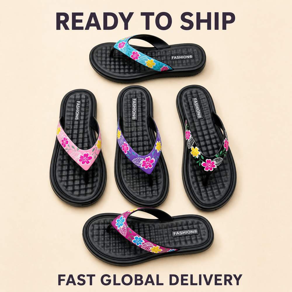 Hibiscus Print Wide Strap Flip Flops with Grid Textured Footbed | Source Factory Supply