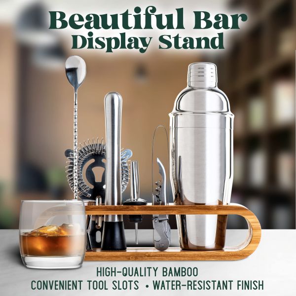 Minimalist Design 10 in 1 Stainless Steel Cocktail Shaker Set with Wooden Stand 750ml