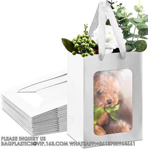 Paper Gift Bags With Clear Window Flower Bouquet Bags for Present Bridal Shower Festivals Party (White)
