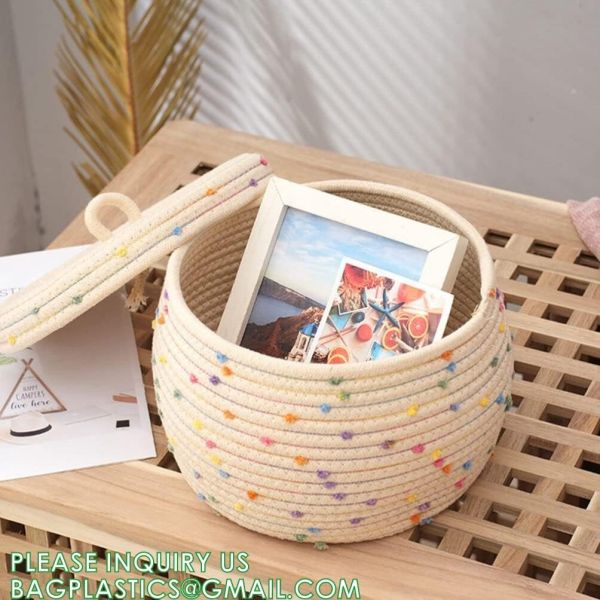 storage Basket Decorative Rope Basket Wooden Bead Decoration For Blankets,Toys,Clothes,Shoes,Plant Organizer Bin