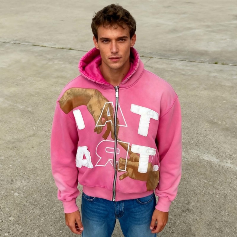 Custom Men's Washed Turquoise Renaissance Art Hand Print Oversized Zip-Up Hoodie