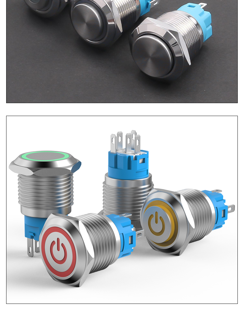 19mm Metal Push Button Switch 1NO1NC Waterproof High/Flat Head Ring-LED Momentary Latching Button Switch 6V 12V 220V