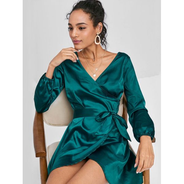 2018 Fashion Fall Clothing Women Satin Wrap Dress Long Sleeve Mini