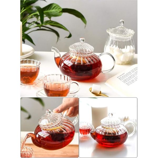OEM 600ml 20oz Pumpkin Ribbed Glass Teapot Heat Resistant Coffee Pot Stovetop Safe