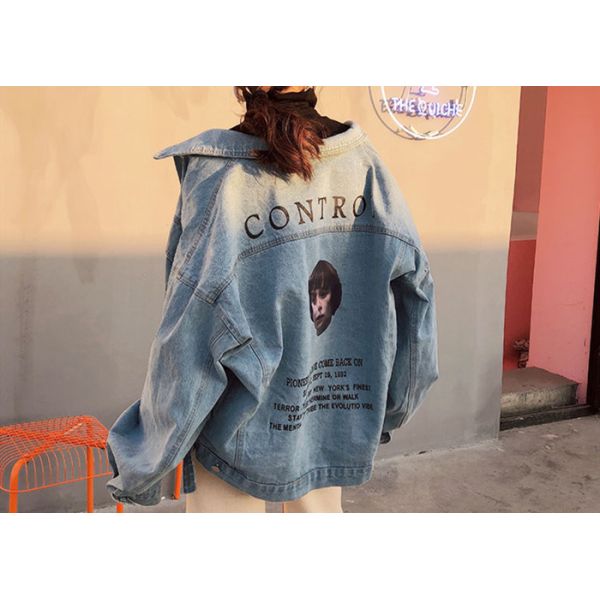 Printed Women ' S Denim Coats & Jackets Light Wash Trucker Over Size Fit